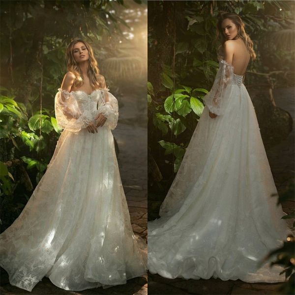 boho a line wedding dresses sweetheart long sleeves backless 3d- floral appliqued lace sequins bridal dress sweep train bridal gown, White
boho a line wedding dresses sweetheart long sleeves backless 3d- floral appliqued lace sequins bridal dress sweep train bridal gown, White