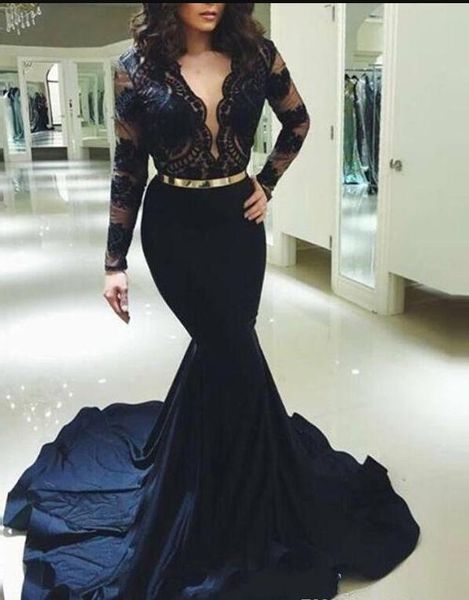 2020 luxury deep v neck black mermaid lace long sleeve prom dresses formal party gowns custom made evening dress wear with gold sash
2020 luxury deep v neck black mermaid lace long sleeve prom dresses formal party gowns custom made evening dress wear with gold sash