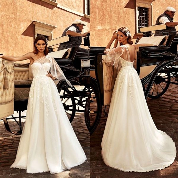 floral wedding dresses elegant one-shoulder sleeveless appliqued lace a-line bridal dress backless sweep train beach robes de mariée, White
floral wedding dresses elegant one-shoulder sleeveless appliqued lace a-line bridal dress backless sweep train beach robes de mariée, White