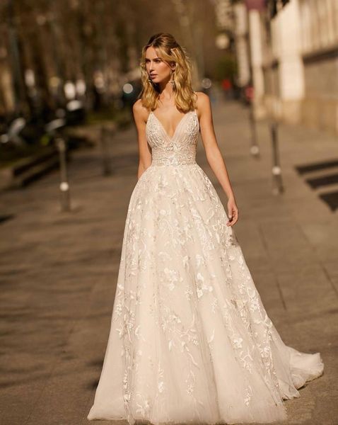 new design 2020 berta wedding dresses lace applique a line spaghetti straps backless bridal gowns custom made, White
new design 2020 berta wedding dresses lace applique a line spaghetti straps backless bridal gowns custom made, White