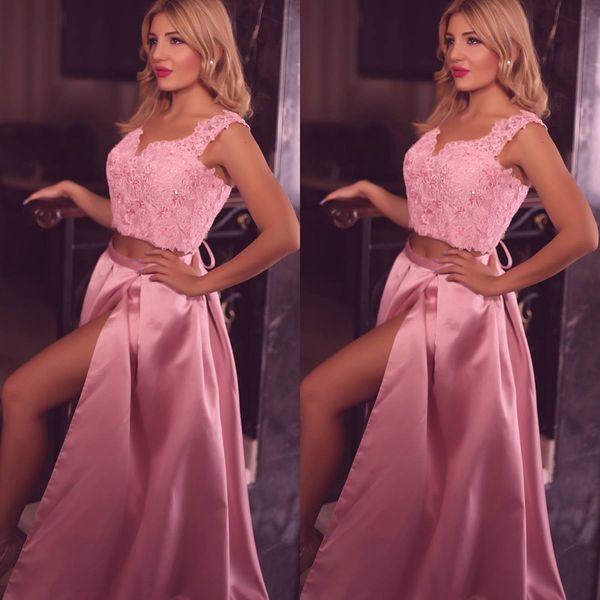charming side split two piece pink prom dresses v neck sleeveless lace satin a line cocktail party gowns with beads, Black
charming side split two piece pink prom dresses v neck sleeveless lace satin a line cocktail party gowns with beads, Black