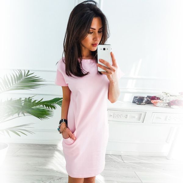 women casual pocket dress elegant o-neck short sleeve loose straight dress, Black;gray
women casual pocket dress elegant o-neck short sleeve loose straight dress, Black;gray
