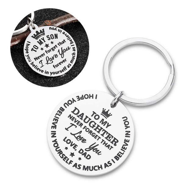 fashion stainless steel keychain engraved letter to my son/daughter never forget that i love you keyring pendant jewelry gift, Silver 
fashion stainless steel keychain engraved letter to my son/daughter never forget that i love you keyring pendant jewelry gift, Silver
