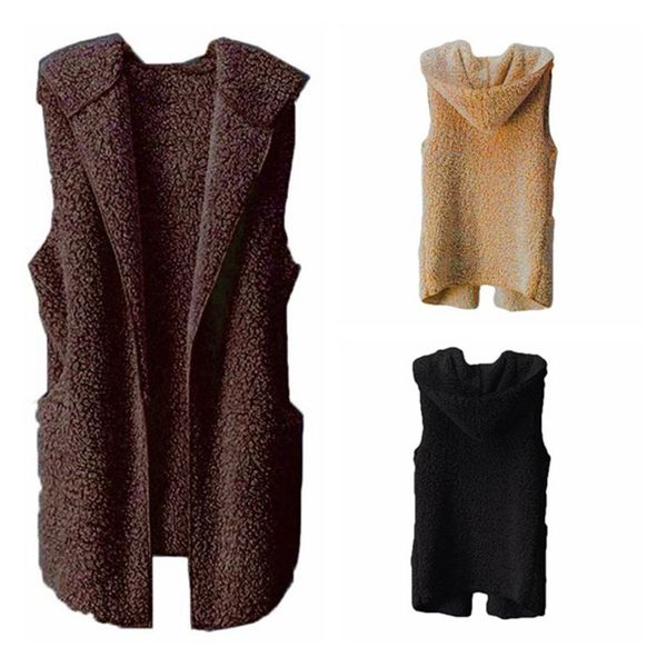 women winter sleeveless thick plush cardigan vest open front solid color loose outwear waistcoat large hooded jacket with pocket, Black;white
women winter sleeveless thick plush cardigan vest open front solid color loose outwear waistcoat large hooded jacket with pocket, Black;white