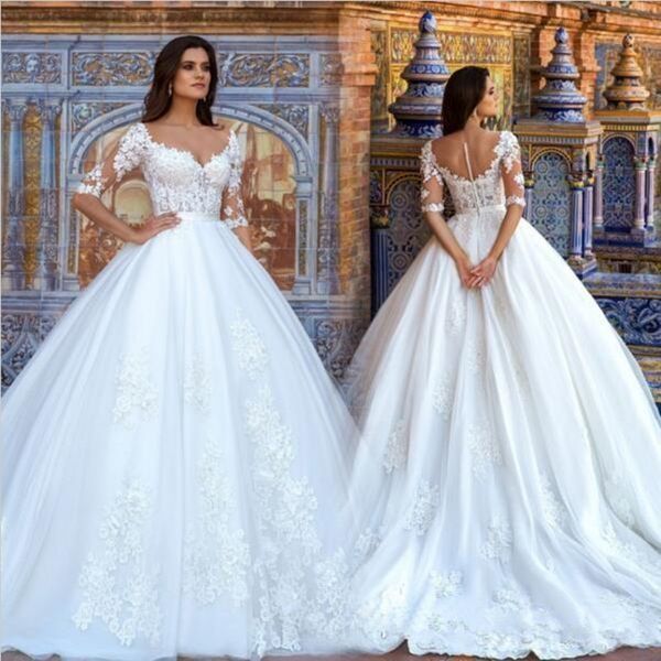 2019 luxury wedding dresses bridal gowns 1/2 long sleeve lace 3d hand made flowers sheer back plus size wedding gowns 277, White
2019 luxury wedding dresses bridal gowns 1/2 long sleeve lace 3d hand made flowers sheer back plus size wedding gowns 277, White