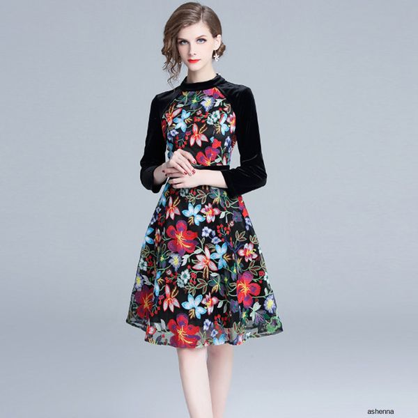 womens designer water soluble flower embroidery temperament dress season slim slimming stand collar velvet stitching skirt7y15, Black;gray
womens designer water soluble flower embroidery temperament dress season slim slimming stand collar velvet stitching skirt7y15, Black;gray