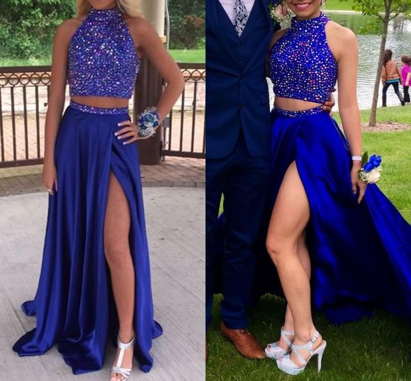 royal blue two pieces prom dresses with crystals satin high side split hollow back formal party dress evening gowns, Black
royal blue two pieces prom dresses with crystals satin high side split hollow back formal party dress evening gowns, Black