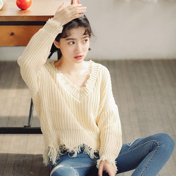 корейская версия сыпучих v-образным вырезом сплошного цвета нерегулярное рваный свитер повседневный wild soft удобный свитер hot, White;black 
корейская версия сыпучих v-образным вырезом сплошного цвета нерегулярное рваный свитер повседневный wild soft удобный свитер hot, White;black