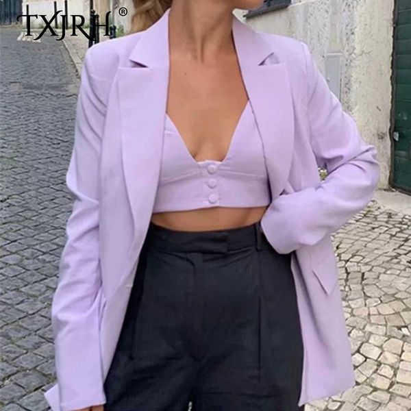 txjrh stylish lavender boyfriend one button blazer pockets notched collar long suit coat outerwear tank shorts 3 pieces sets, White;black
txjrh stylish lavender boyfriend one button blazer pockets notched collar long suit coat outerwear tank shorts 3 pieces sets, White;black