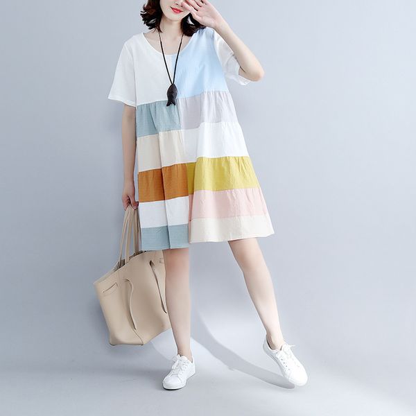 2019 origional large size literature and art contrast color joint cotton linen loose-fit short-sleeve dress a- line skirt, Red
2019 origional large size literature and art contrast color joint cotton linen loose-fit short-sleeve dress a- line skirt, Red