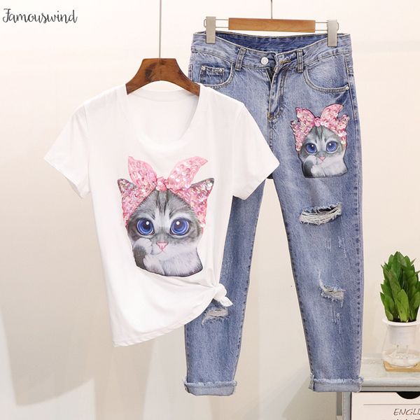 cartoon t shirts jeans pants suits casual short sleeve sequins tshirt calf length denim sets for ladies woman, White
cartoon t shirts jeans pants suits casual short sleeve sequins tshirt calf length denim sets for ladies woman, White