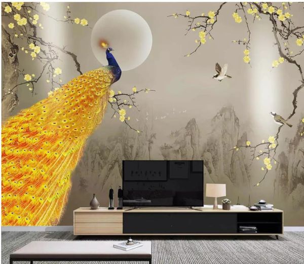 chinese ink landscape golden plum peacock flower bird wall modern wallpaper for living room