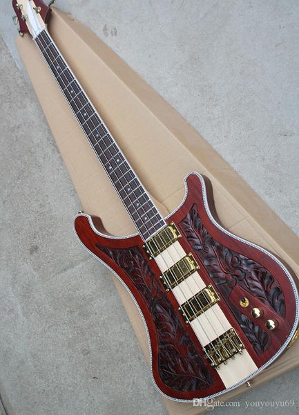 4 strings red and brown electric bass guitar with recording mode, 4 pickups, 20 sound columns, gold hardware, custom service
4 strings red and brown electric bass guitar with recording mode, 4 pickups, 20 sound columns, gold hardware, custom service
