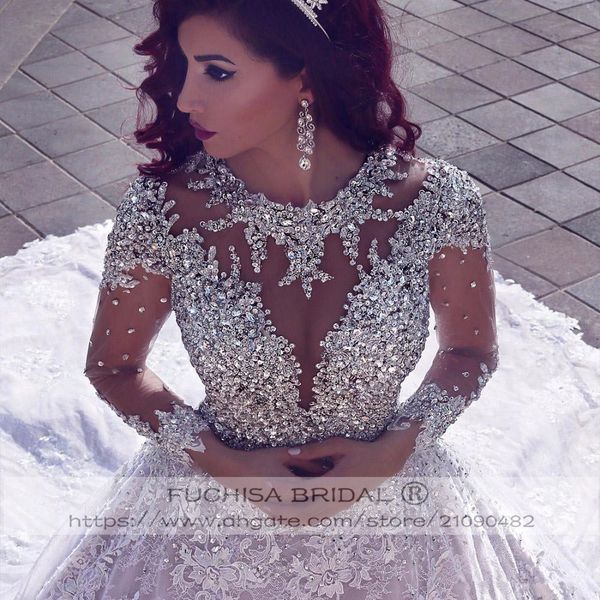sheer sleeves wedding dresses long train sheer back middle east bridal dresses gowns sequins beads, White
sheer sleeves wedding dresses long train sheer back middle east bridal dresses gowns sequins beads, White