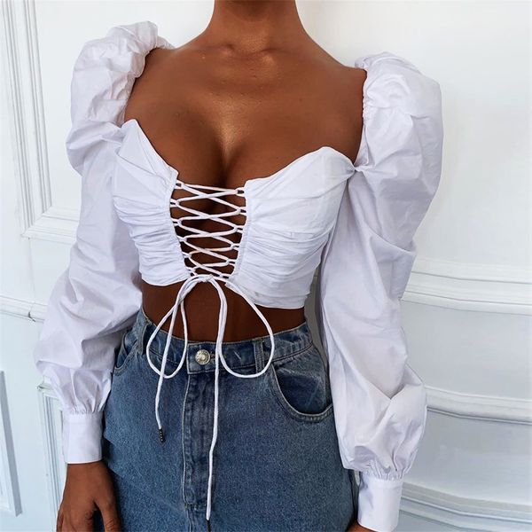 women court style square collar casual short crop women retro puff sleeve elastic chic chemise lace up femininas, White
women court style square collar casual short crop women retro puff sleeve elastic chic chemise lace up femininas, White