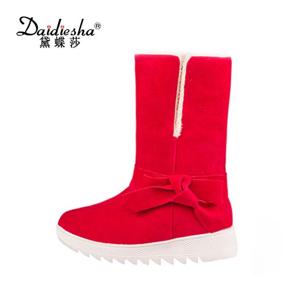 

daidiesha comfort butterfly-knot winter boots warm short plush shoes fashion round toe snow boots casual platform mid-calf, Black