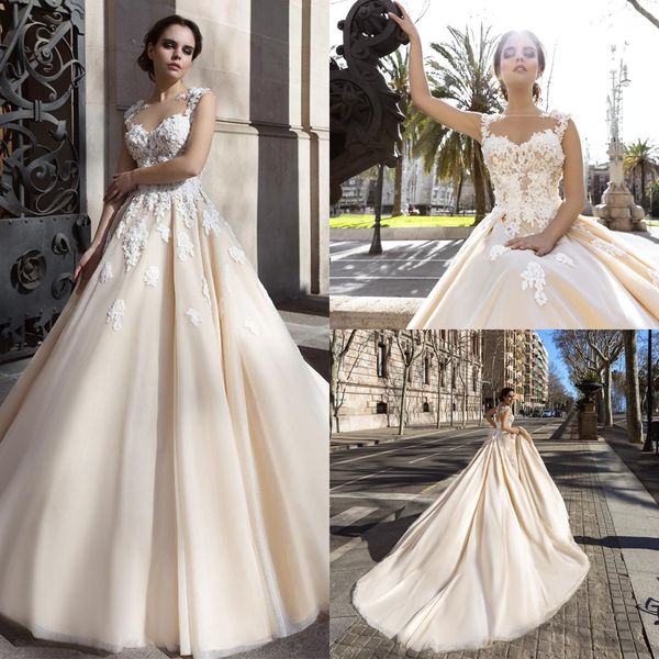 champagne lace wedding dresses sheer jewel neck sleeveless appliqued cathedral train bridal gowns robe de mariee, White
champagne lace wedding dresses sheer jewel neck sleeveless appliqued cathedral train bridal gowns robe de mariee, White