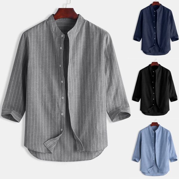 button down shirts summer men striped stand collar 7 points sleeve button cotton shirt leisure streetwear camicia da uomo#2, White;black
button down shirts summer men striped stand collar 7 points sleeve button cotton shirt leisure streetwear camicia da uomo#2, White;black