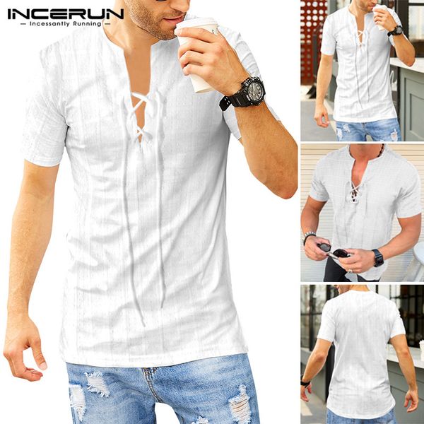 men's casual shirts incerun summer men fashion streetwear shirt v neck solid short sleeve cotton slim lace up tunic masculina camisa, White;black
men's casual shirts incerun summer men fashion streetwear shirt v neck solid short sleeve cotton slim lace up tunic masculina camisa, White;black