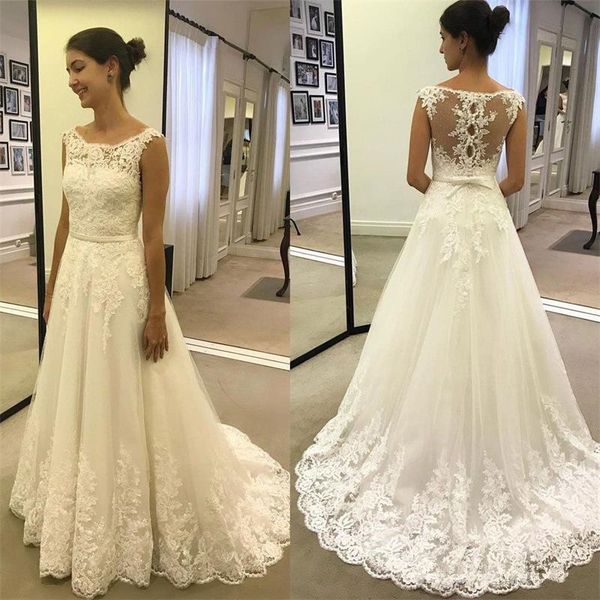 simple lace wedding dresses 2019 with appliques scoop neck bow pearl sweep train a line wedding bridal gowns, White
simple lace wedding dresses 2019 with appliques scoop neck bow pearl sweep train a line wedding bridal gowns, White