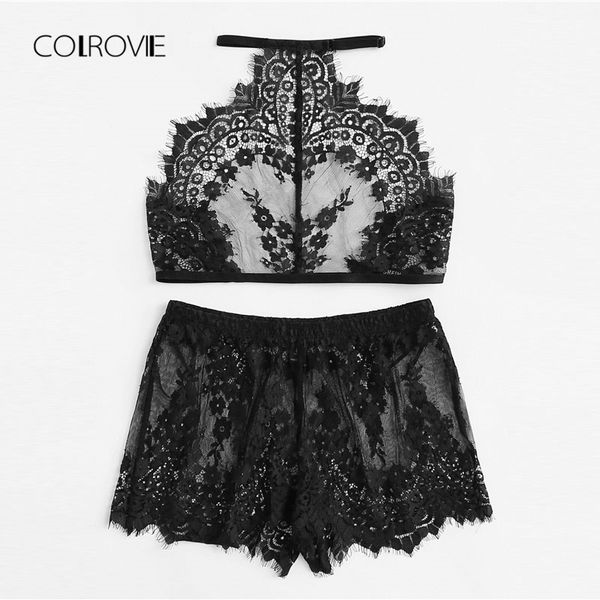 colrovie black eyelash lace halter and shorts pajama set spring new floral ladies sleepwear sheer sleeveless nightwear, Black;red
colrovie black eyelash lace halter and shorts pajama set spring new floral ladies sleepwear sheer sleeveless nightwear, Black;red