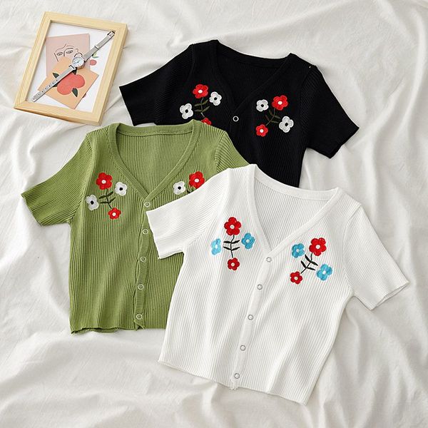 women summer slim knit t shirt retro flower short v-neck t shirt embroidery single-breasted t-shirt 2020, White
women summer slim knit t shirt retro flower short v-neck t shirt embroidery single-breasted t-shirt 2020, White