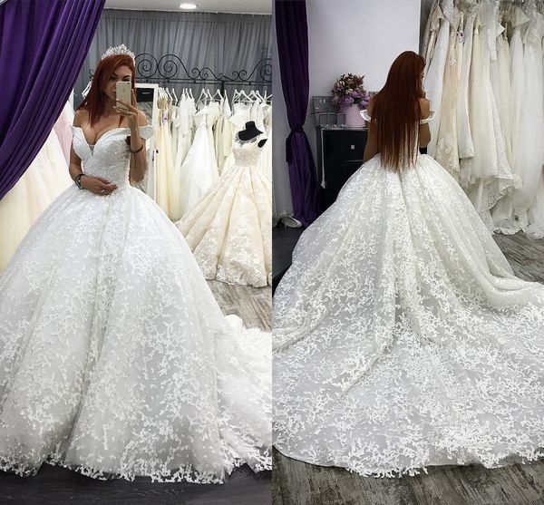 luxury ball gowns wedding dresses off shoulder sleeveless applique bridal gowns full lace sweep train fashion plus size dress, White
luxury ball gowns wedding dresses off shoulder sleeveless applique bridal gowns full lace sweep train fashion plus size dress, White