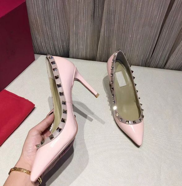 designer pointed studs high heels patent leather rivets sandals women shoes valentine high-heeled shoes, Black 
designer pointed studs high heels patent leather rivets sandals women shoes valentine high-heeled shoes, Black