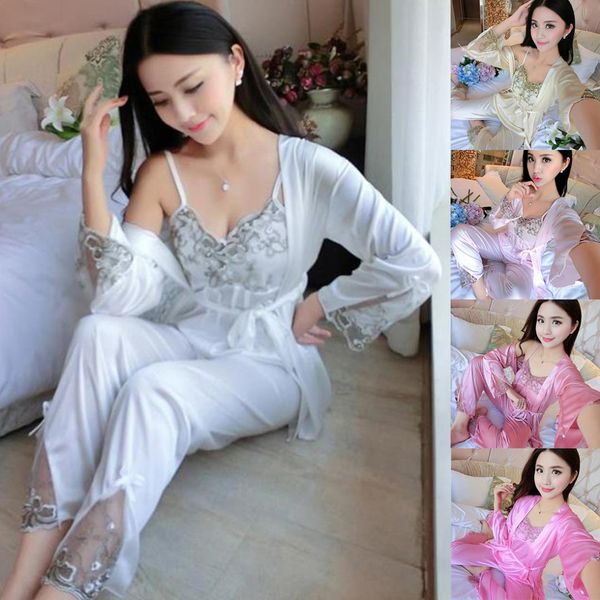 women silk satin pajama sets v-neck +long pants+coat sleepwear nightwear, Blue;gray
women silk satin pajama sets v-neck +long pants+coat sleepwear nightwear, Blue;gray