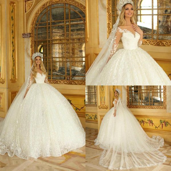 gorgeous dubai wedding dresses puffy illusion long sleeves lace appliques bridal gowns tulle sweep train ball gown wedding dress, White
gorgeous dubai wedding dresses puffy illusion long sleeves lace appliques bridal gowns tulle sweep train ball gown wedding dress, White
