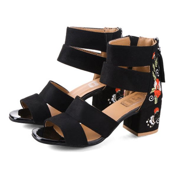 current2019 coarse toe embroidered sandals girls with back zipper rome women's shoes, Black
current2019 coarse toe embroidered sandals girls with back zipper rome women's shoes, Black