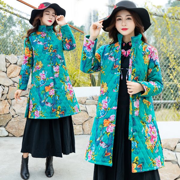 2019 national wind women's dress winter new style cotton linen warm stand collar frog northeast printed cotton coat, Blue;black
2019 national wind women's dress winter new style cotton linen warm stand collar frog northeast printed cotton coat, Blue;black