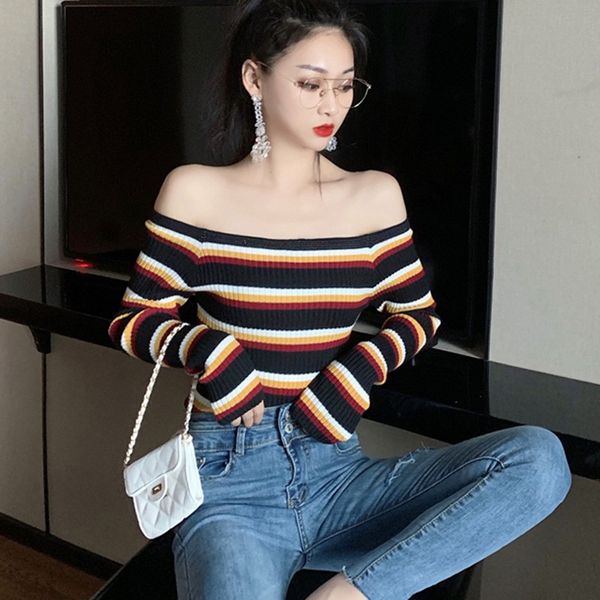 knitted striped slash neck women sweater spring autumn casual soft jumper fashion slim femme pullovers, White;black
knitted striped slash neck women sweater spring autumn casual soft jumper fashion slim femme pullovers, White;black