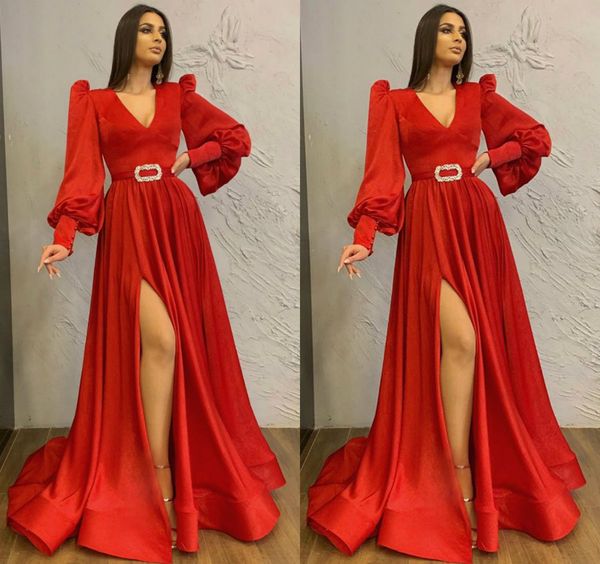 modest a line red evening prom dress v neck long sleeve satin party dress floor length sash split robes de soirée, Black
modest a line red evening prom dress v neck long sleeve satin party dress floor length sash split robes de soirée, Black