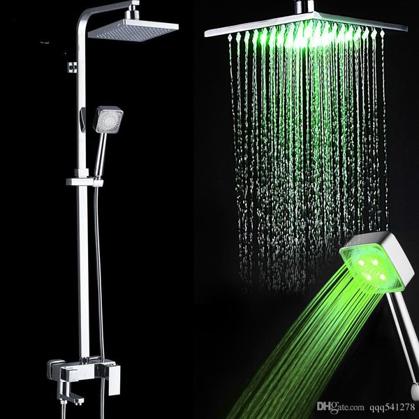 

Led Light Shower Faucet Set Square shower head Color Changing Handshower Bath Shower System swivel Spout faucet