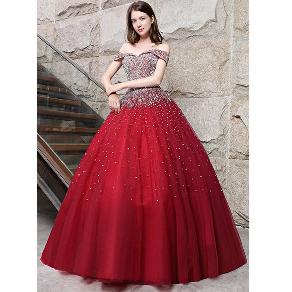 off the shoulder ball gown prom dresses lace-up back floor length evening dresses tulle with shining sequin, Black
off the shoulder ball gown prom dresses lace-up back floor length evening dresses tulle with shining sequin, Black