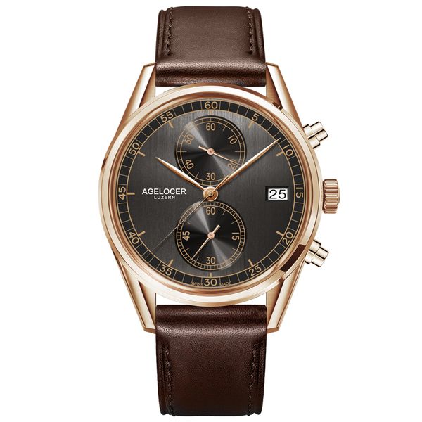 

agelocer designer watch male real leather watch strap black dial quartz movement wristwatches analog automatic watches, Slivery;brown