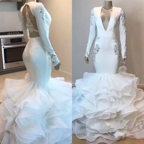 elegant v neck wedding dresses cascading ruffles long sleeve satin sweep train hollow back mermaid wedding gowns lace appliques bridal dress, White
elegant v neck wedding dresses cascading ruffles long sleeve satin sweep train hollow back mermaid wedding gowns lace appliques bridal dress, White