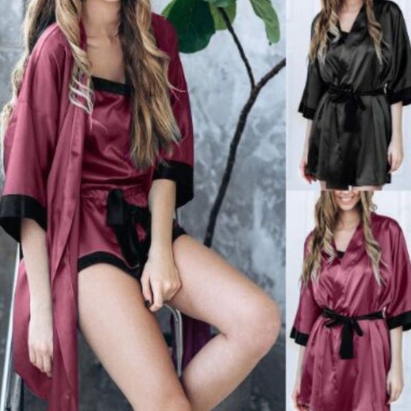 women translucent sleepwear set faux silk half sleeve short kimono bath robe solid color nightgown with g-string satin sash, Black;brown
women translucent sleepwear set faux silk half sleeve short kimono bath robe solid color nightgown with g-string satin sash, Black;brown