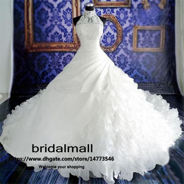 2020 modest appliques lace wedding dresses ball gown halter tiered ruffles bridal dresses chapel train a line wedding gowns robes de mariée, White
2020 modest appliques lace wedding dresses ball gown halter tiered ruffles bridal dresses chapel train a line wedding gowns robes de mariée, White