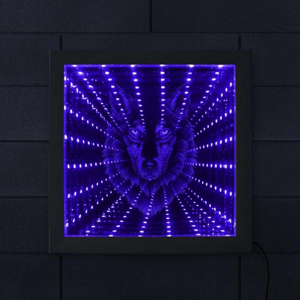 

wolf head infinity mirror wolf portrait led lighted picture frame wildlife lighting decor animated neon light tunnel lamp