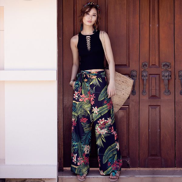 holiday summer bohemian waist belt tropical print wide leg pants slim all match slacks cotton female pants with pockets, Black;white
holiday summer bohemian waist belt tropical print wide leg pants slim all match slacks cotton female pants with pockets, Black;white