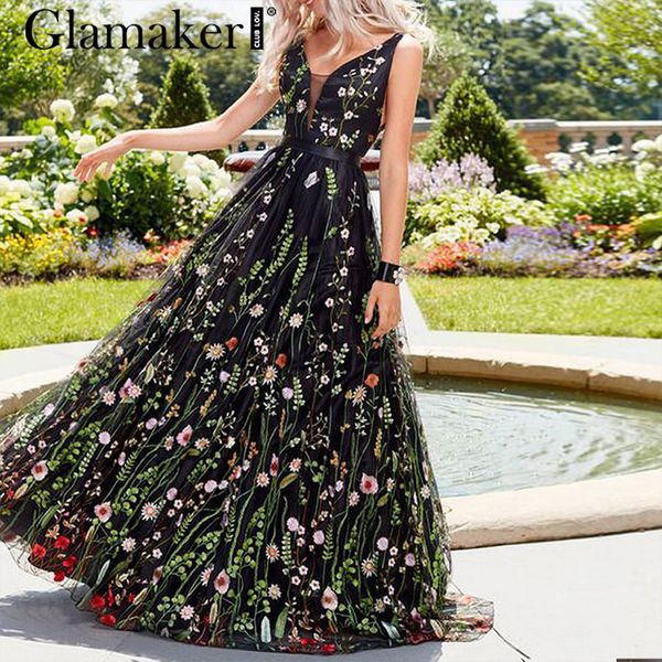 glamaker mesh vintage floral embroidery maxi dress women summer backless beach black dress v neck elegant long party dress y190424, Black;pink
glamaker mesh vintage floral embroidery maxi dress women summer backless beach black dress v neck elegant long party dress y190424, Black;pink