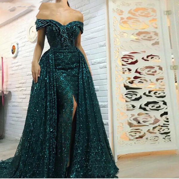 saudi arabic glitter dark green mermaid evening dress with detachable train 2019 dubai turkish off shoulder prom gowns, Black
saudi arabic glitter dark green mermaid evening dress with detachable train 2019 dubai turkish off shoulder prom gowns, Black