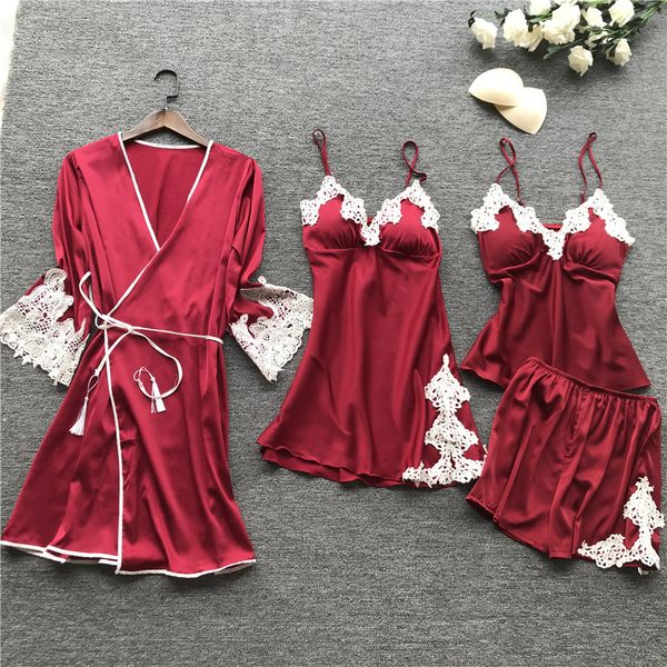 2019 summer women pajamas sets sleeveless 4 pieces satin sleepwear silk nightwear pyjama spaghetti strap pijama with chest pads, Black;red
2019 summer women pajamas sets sleeveless 4 pieces satin sleepwear silk nightwear pyjama spaghetti strap pijama with chest pads, Black;red