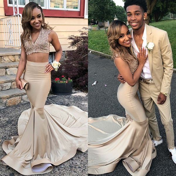 elegant two pieces sleeveless v neck mermaid prom dresses 2019 fashion lace appliques satin sweep train evening party gown, Black
elegant two pieces sleeveless v neck mermaid prom dresses 2019 fashion lace appliques satin sweep train evening party gown, Black