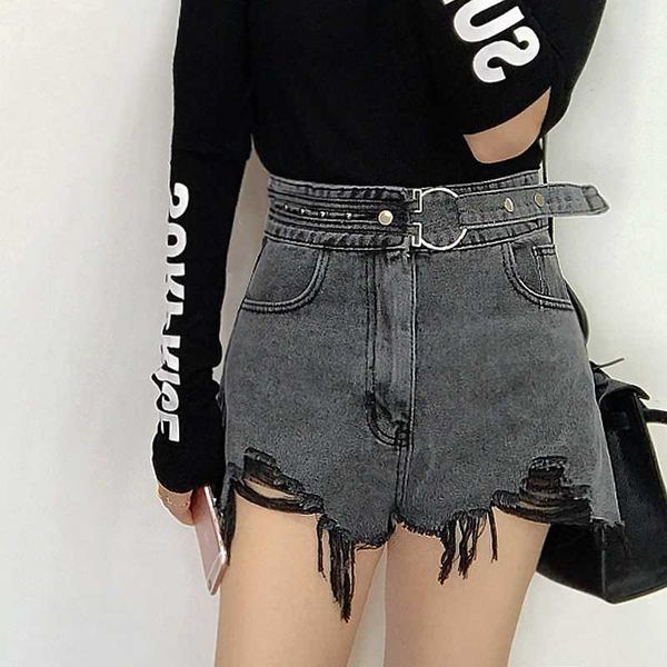 women's high-waisted denim shorts were thin buckle rivets wide leg loose hole denim shorts women, White;black
women's high-waisted denim shorts were thin buckle rivets wide leg loose hole denim shorts women, White;black