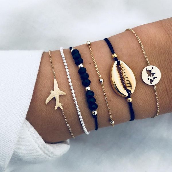 6 pcs/ set personality aircraft shell map bead chain leather multilayer braided bracelet feminine charm unique bracelet set, Black
6 pcs/ set personality aircraft shell map bead chain leather multilayer braided bracelet feminine charm unique bracelet set, Black