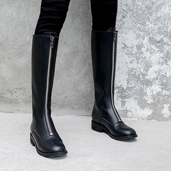 women's genuine leather front zip flats knee high boots punk winter female long boots comfortable knight shoe, Black 
women's genuine leather front zip flats knee high boots punk winter female long boots comfortable knight shoe, Black