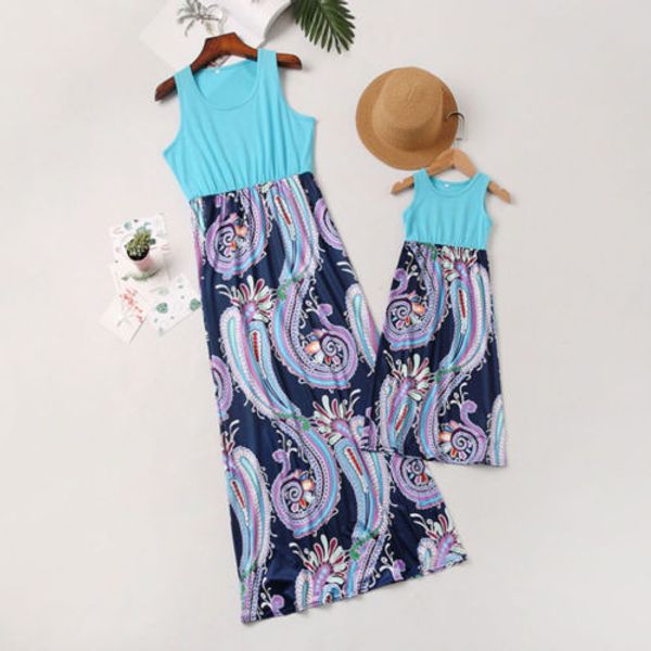 Mother Daughter Summer Boho Floral Long Maxi Dress Family Matching Outfits Patchwork Sleeveless Round Neck Dresses